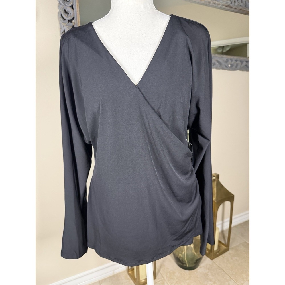 INC International‎ Concepts Black Ruched Faux Wrap Top Medium NWT Long Sleeve